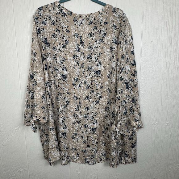 Catherines Button Down Cafe Blouse Women 3/4 Sleeve Size 4X Tan Aqua Floral Top - Picture 5 of 9